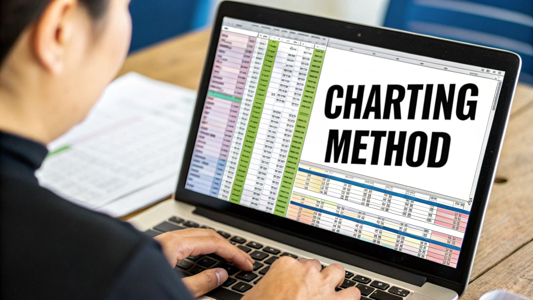 A person sitting on their computer. The computer is showing an Excel file and in black text on a white background that says "Charting Method". 
