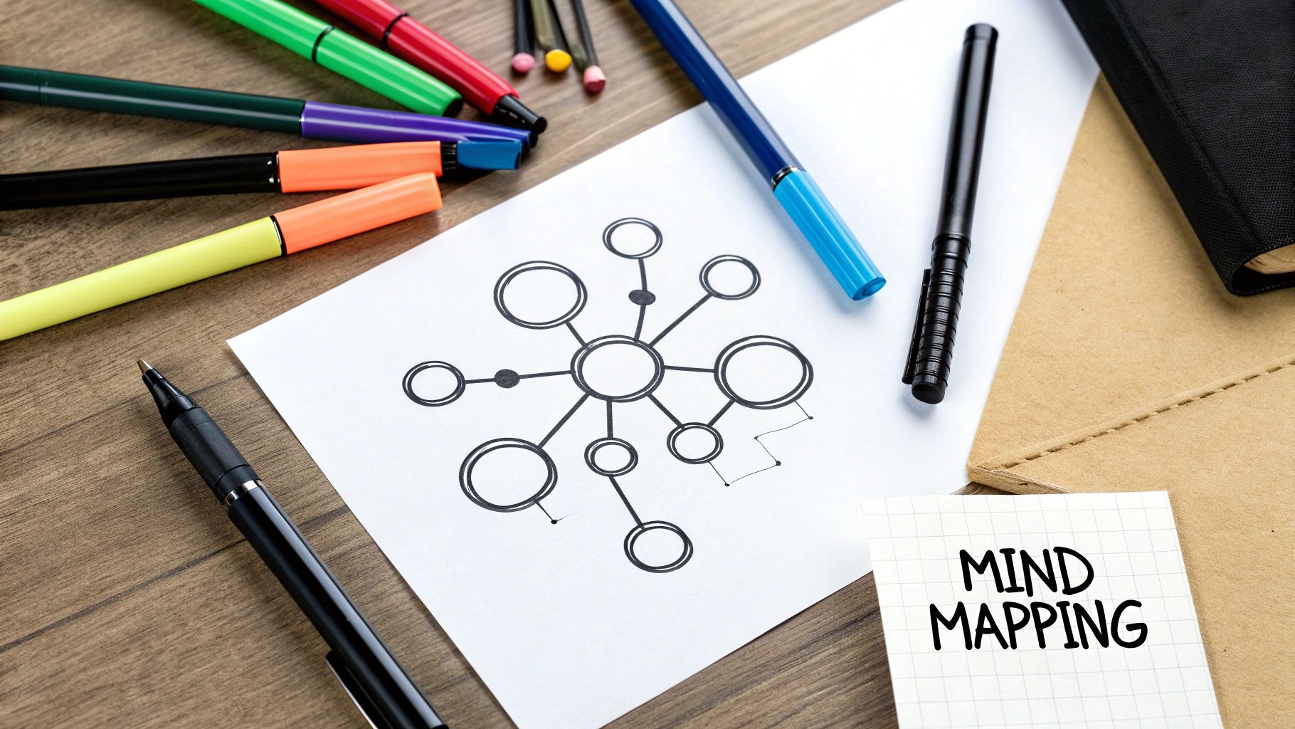 A picture of a mind map with black text on a white background saying "mind mapping." 