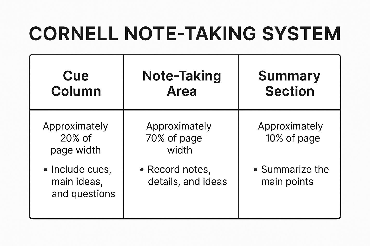 A picture of a table describing the Cornell note-taking system.   Three columns.    - Column 1: Q column   - Column 2: Note-taking area   - Column 3: Summary section    It describes the same note-taking method as in the paragraph above. 