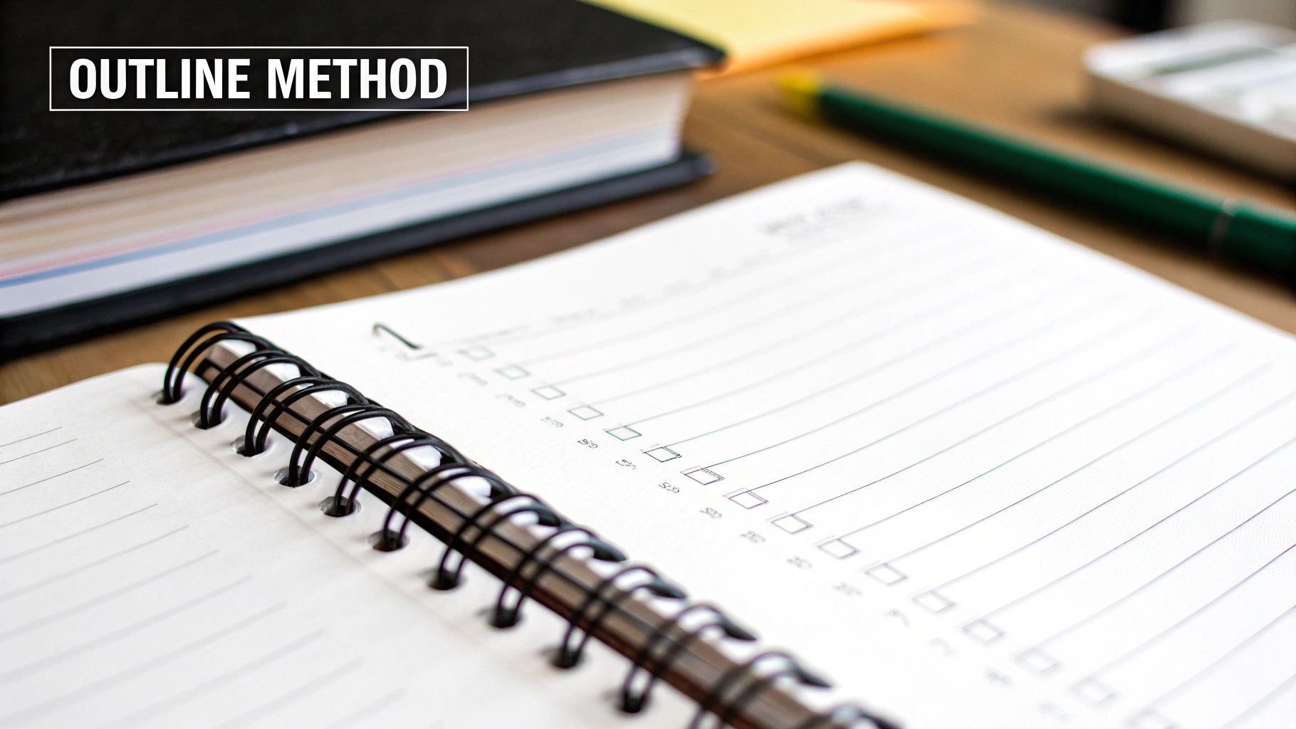 A picture of a white notebook with white text on a black background saying "Outline method". 