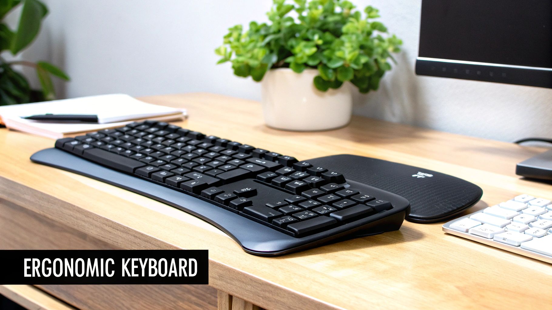 A picture of a workstation with an ergonomic keyboard,   white text on background saying "ergonomic keyboard." 