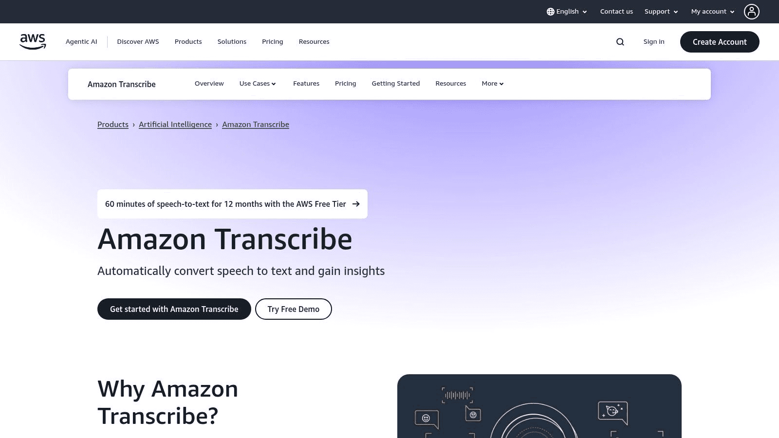 Amazon Transcribe homepage. 