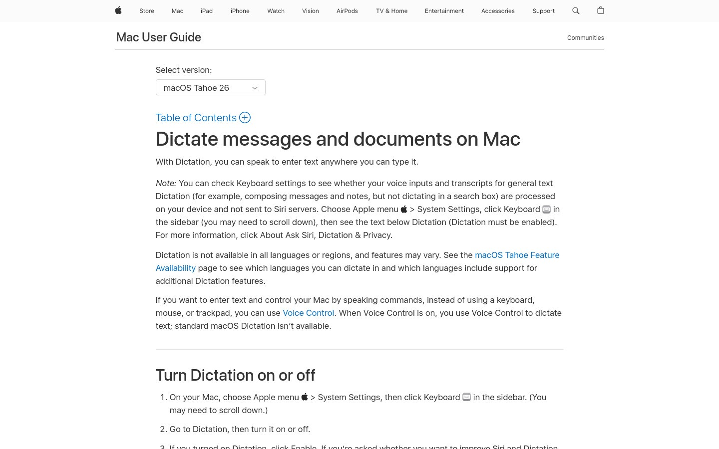 Apple Dictation support page screenshot for solo agents on Apple devices