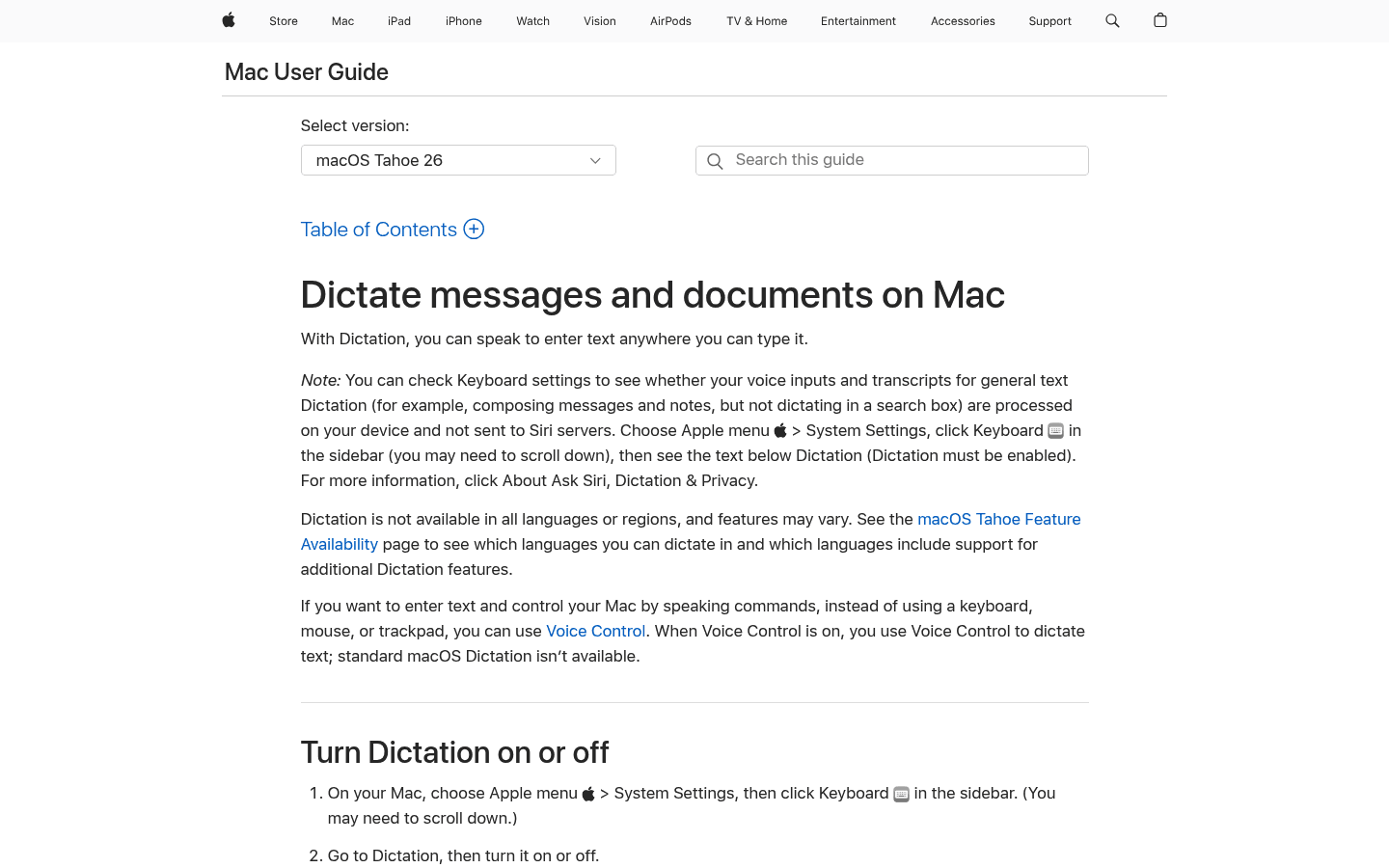 Apple Dictation support page