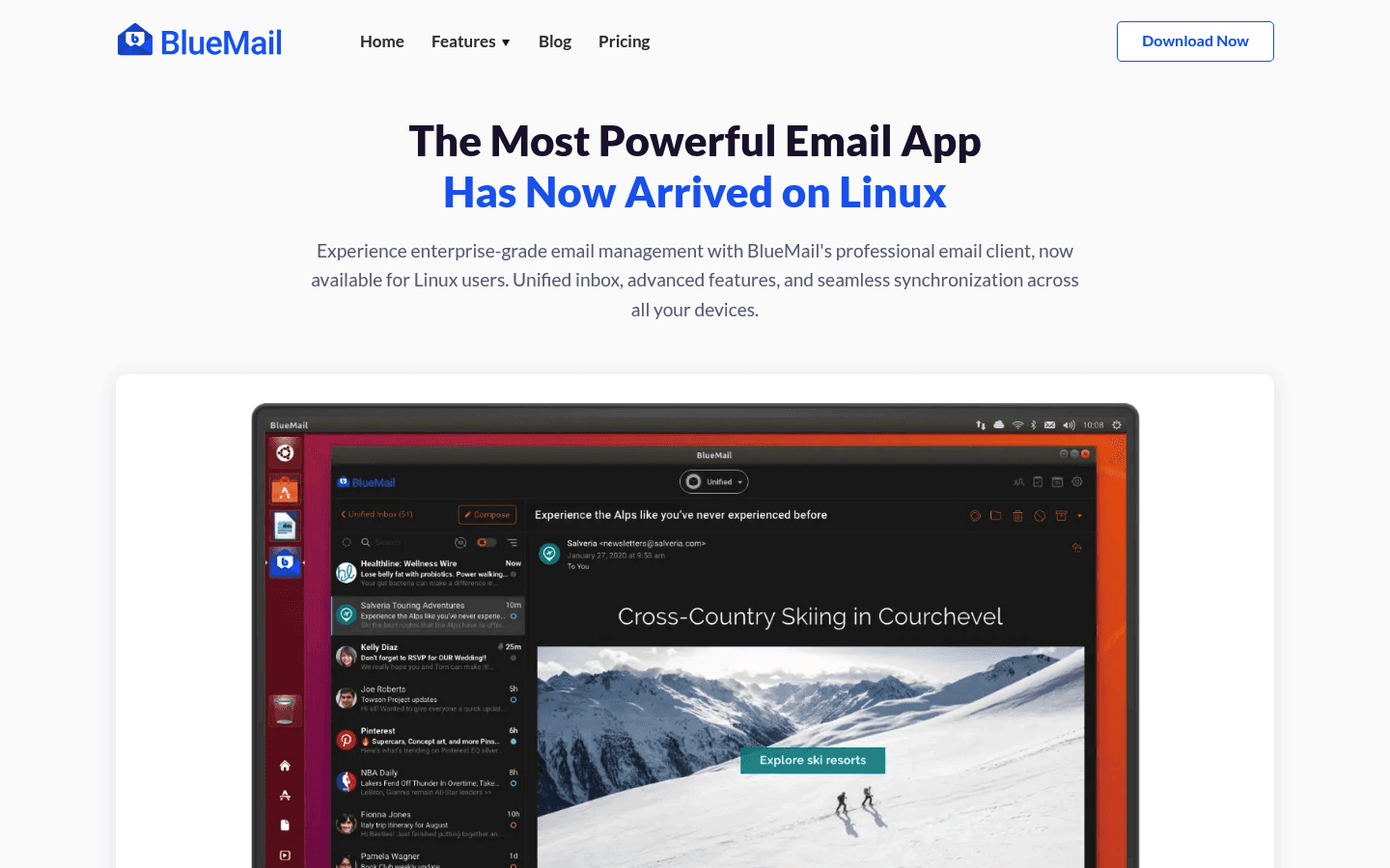 BlueMail Linux email client homepage screenshot