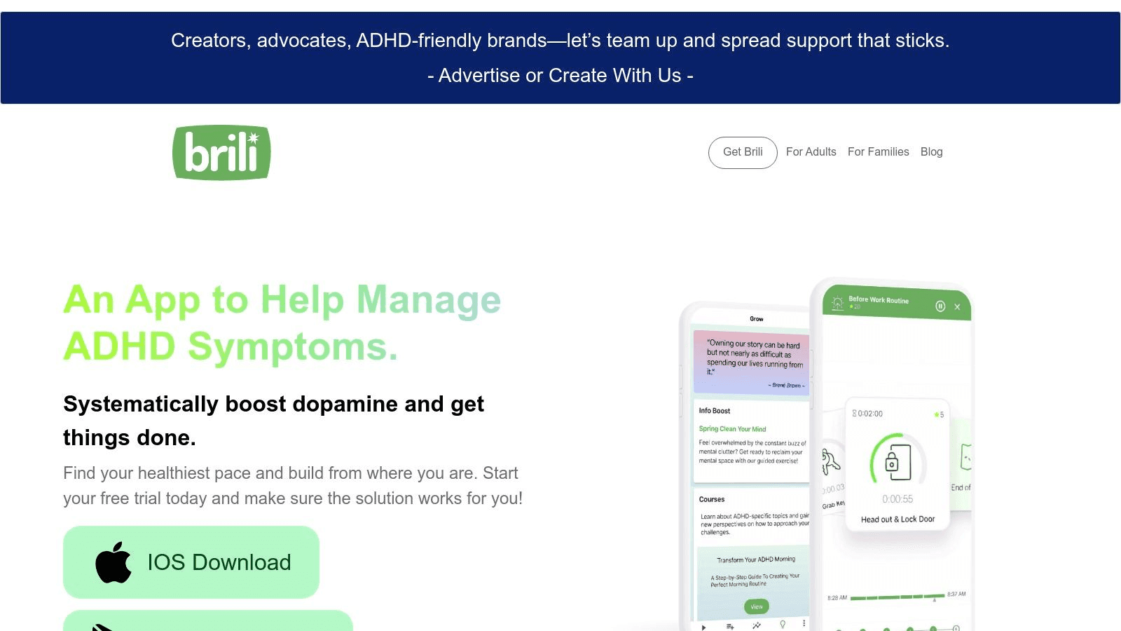 Brili App for ADHD symptoms homepage