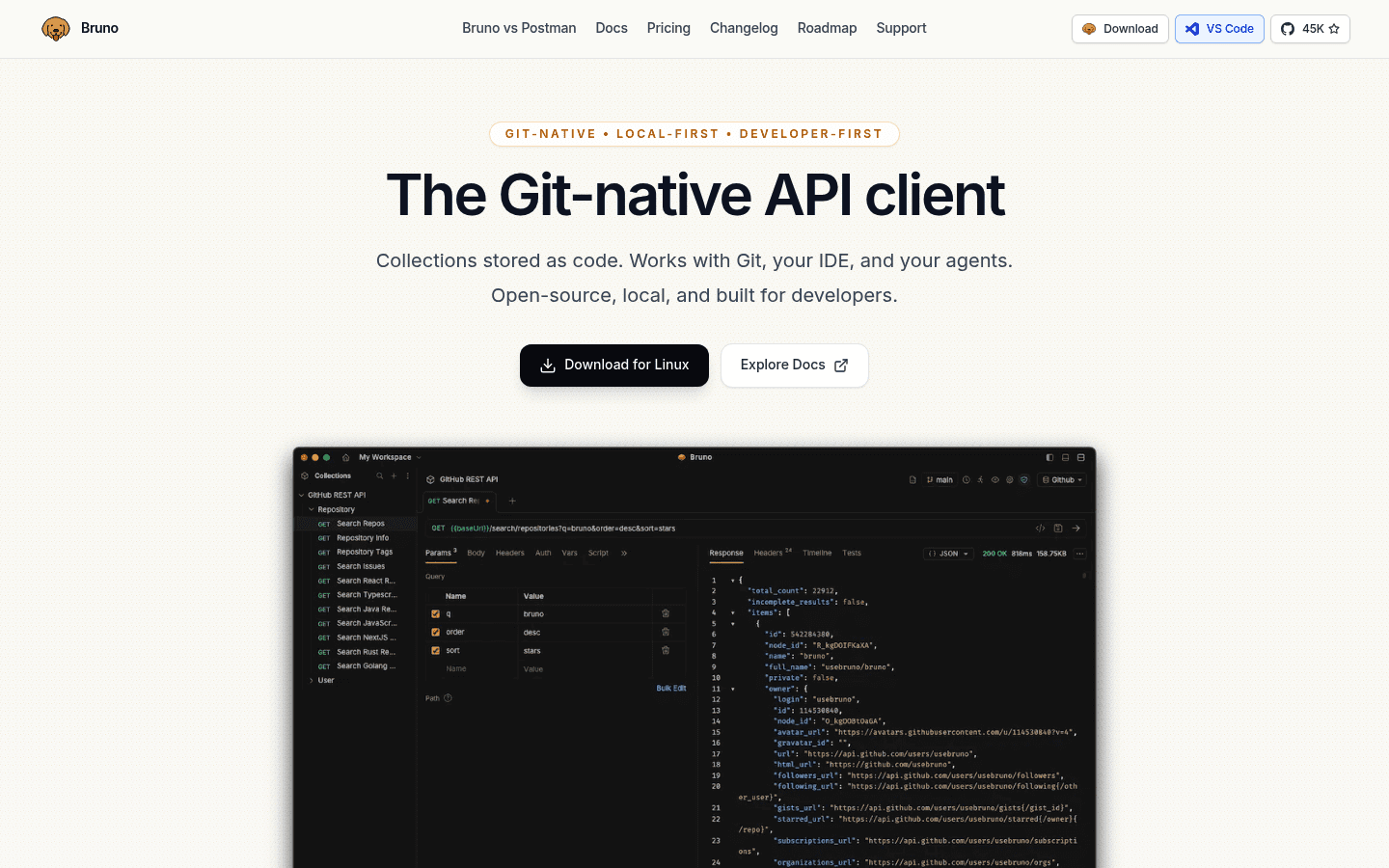 Bruno API client homepage screenshot