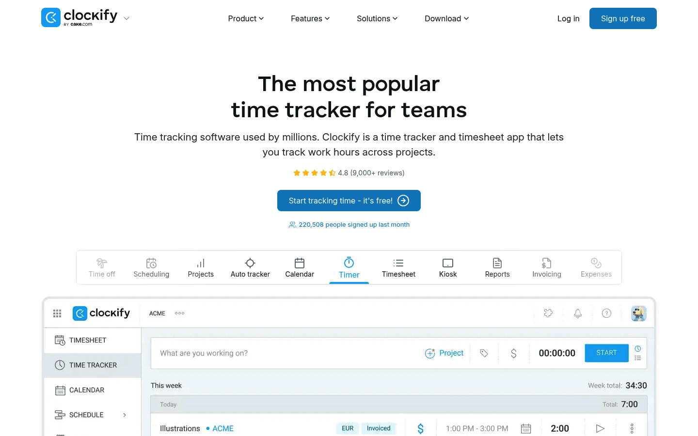 Clockify homepage screenshot