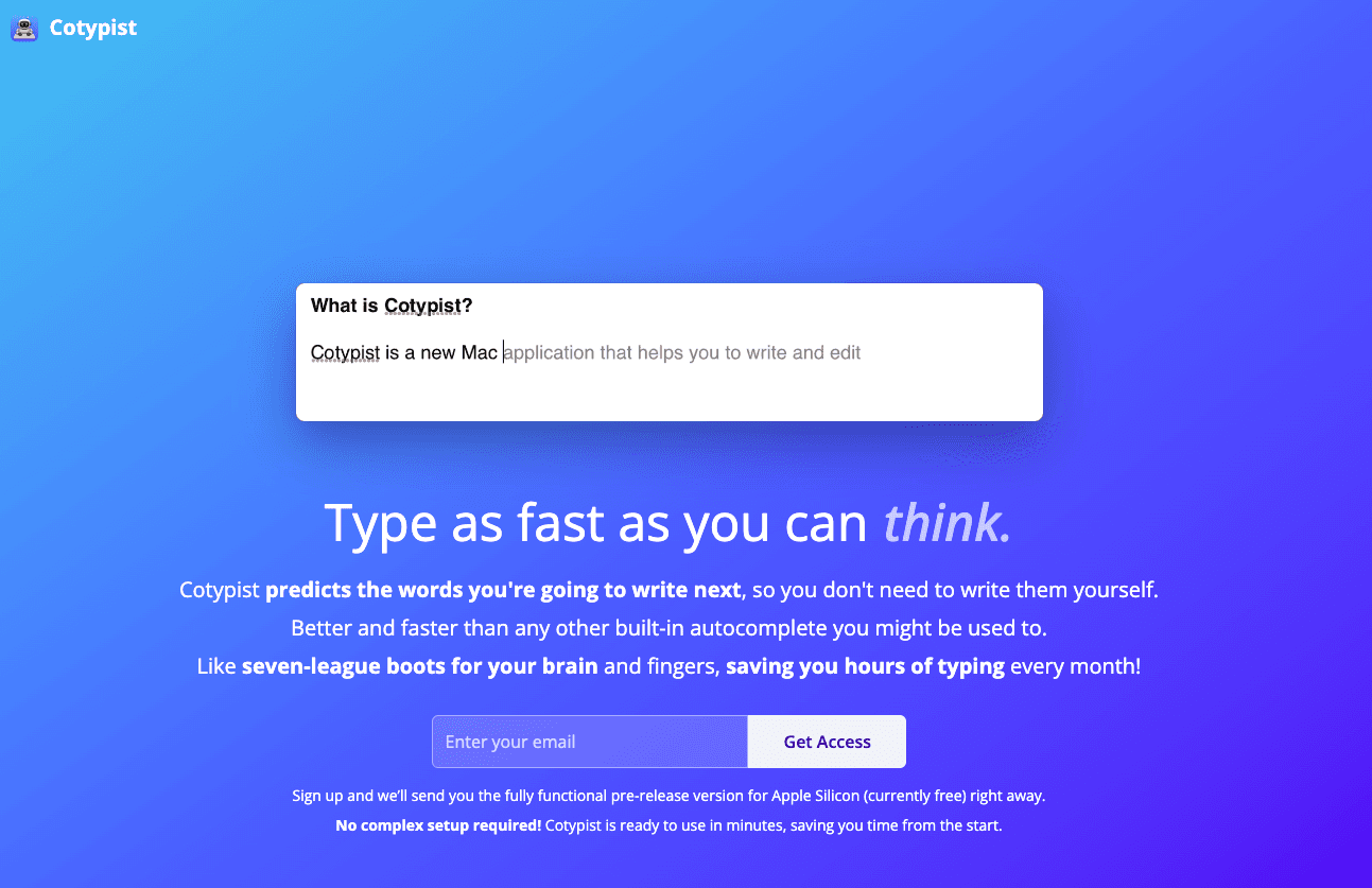 CodeTypist AI Autocomplete Mac App Homepage. 