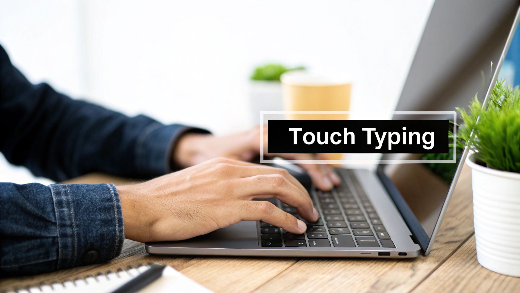 Ergonomic desk setup with a keyboard and screen at eye level