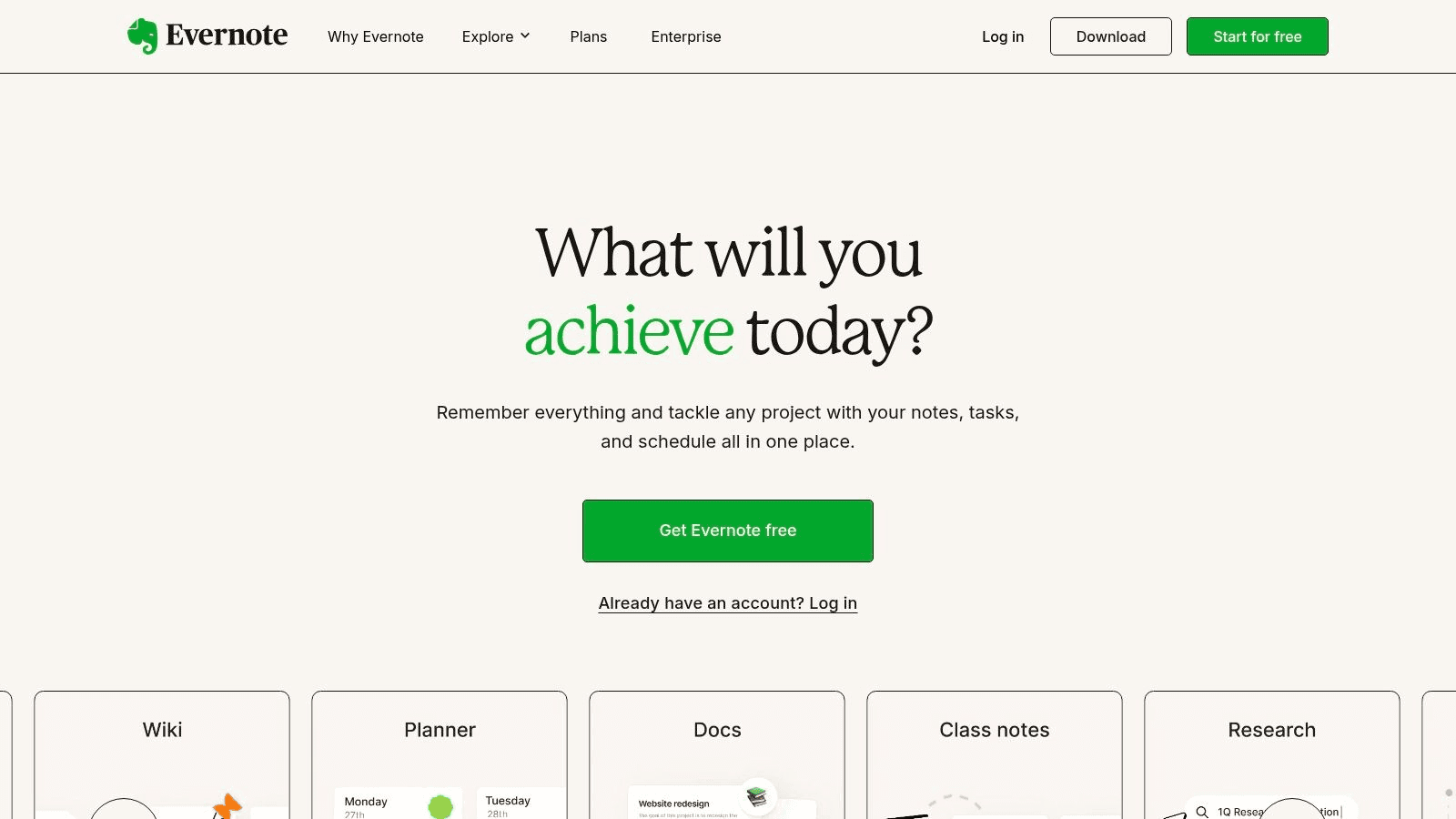 Evernote note taking app homepage screenshot