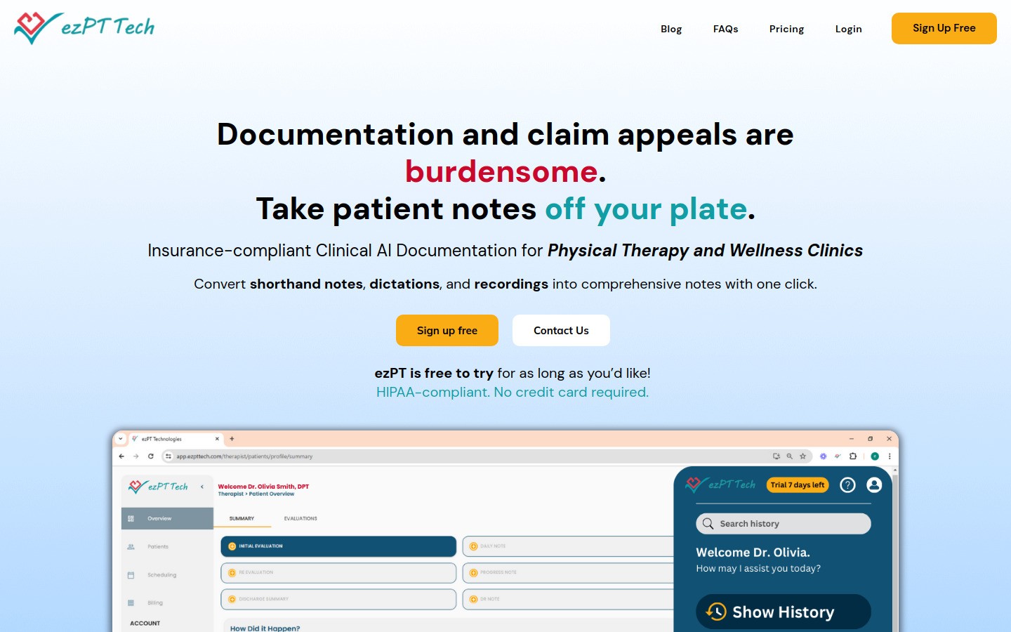 ezPT physical therapy AI documentation software homepage
