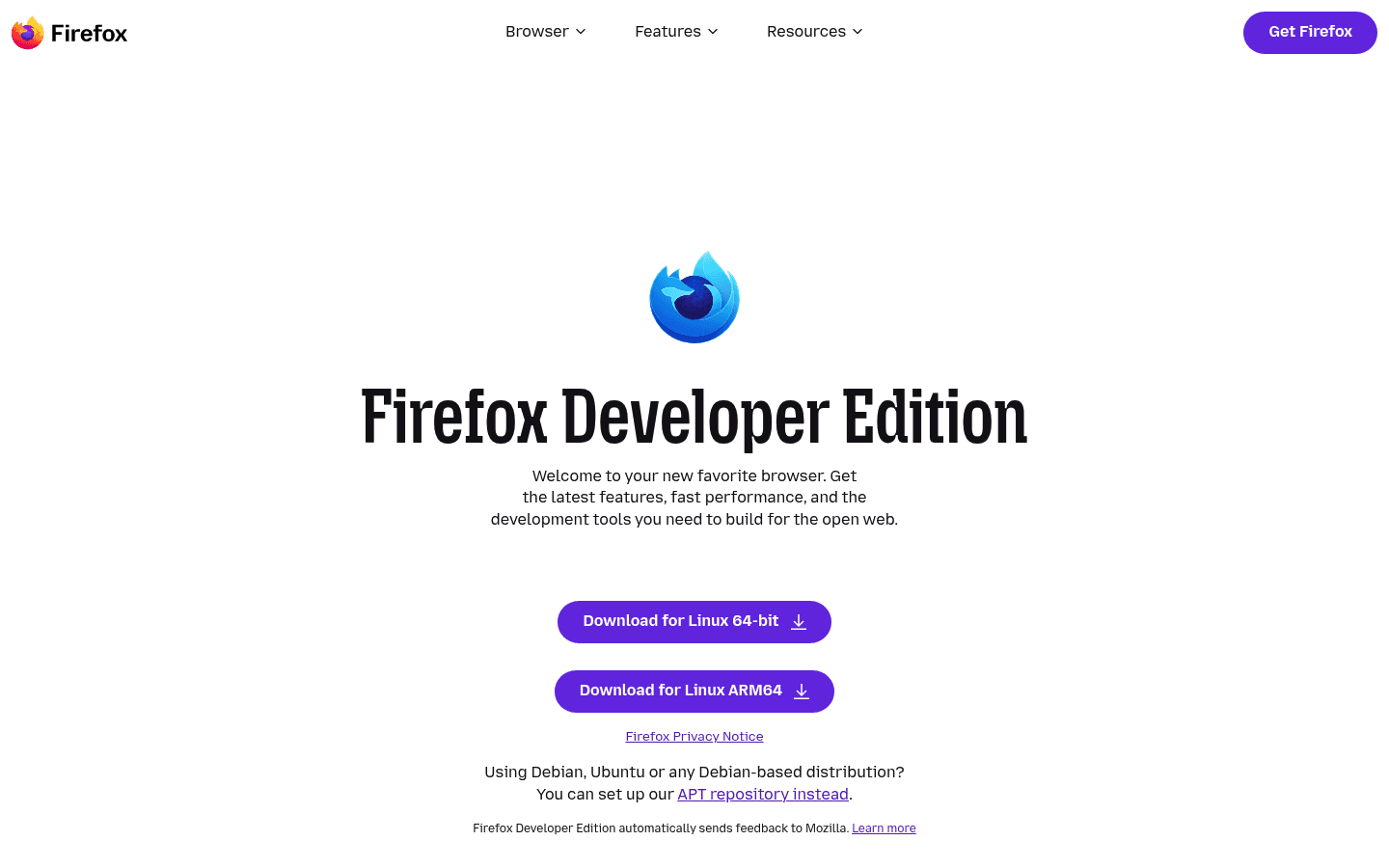Firefox Developer Edition homepage screenshot for Linux developers