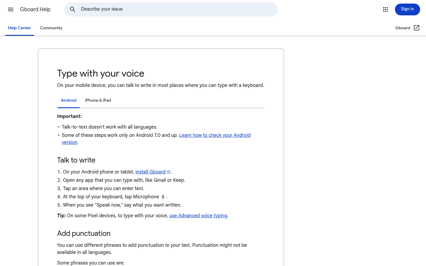 Gboard voice typing support page screenshot