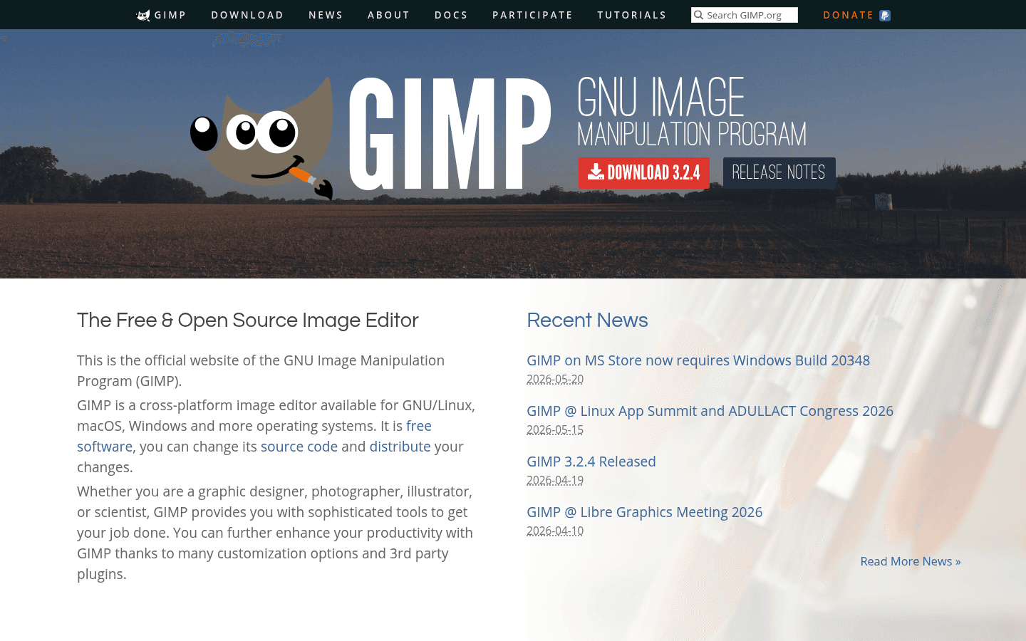 GIMP image editor homepage screenshot