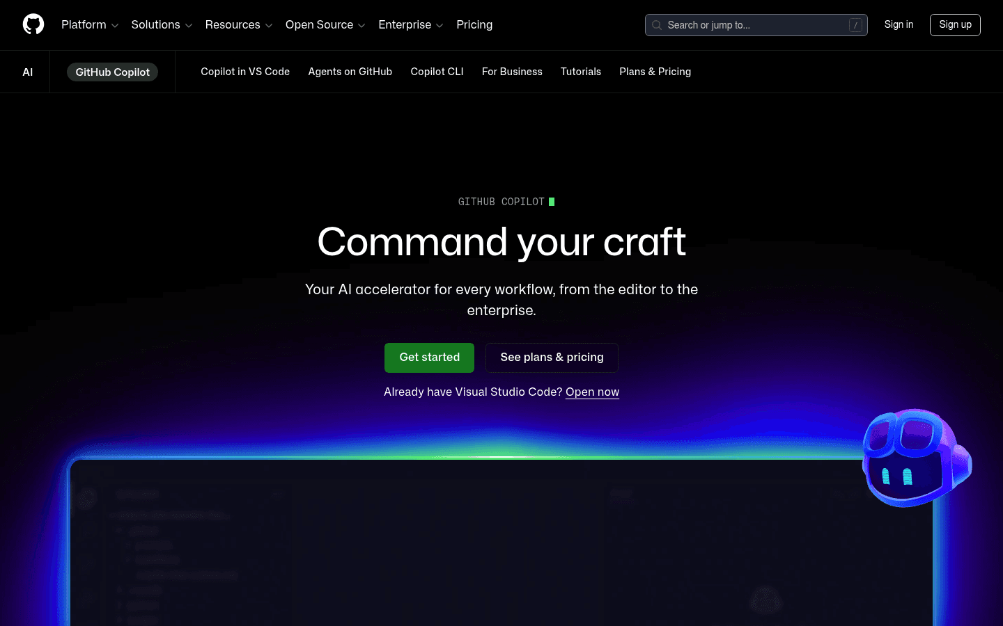GitHub Copilot AI coding assistant homepage screenshot
