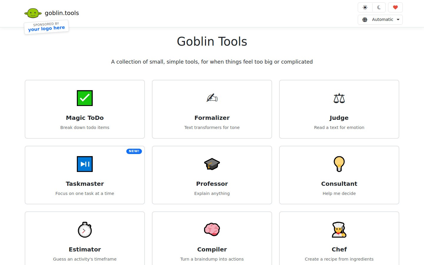 Goblin Tools homepage screenshot