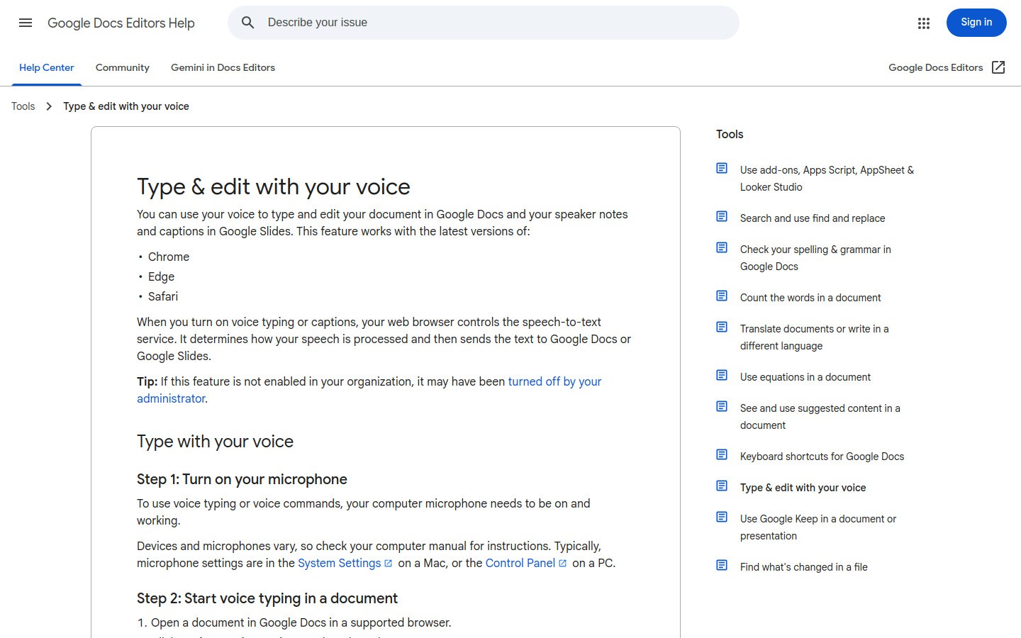 Google Docs Voice Typing screenshot