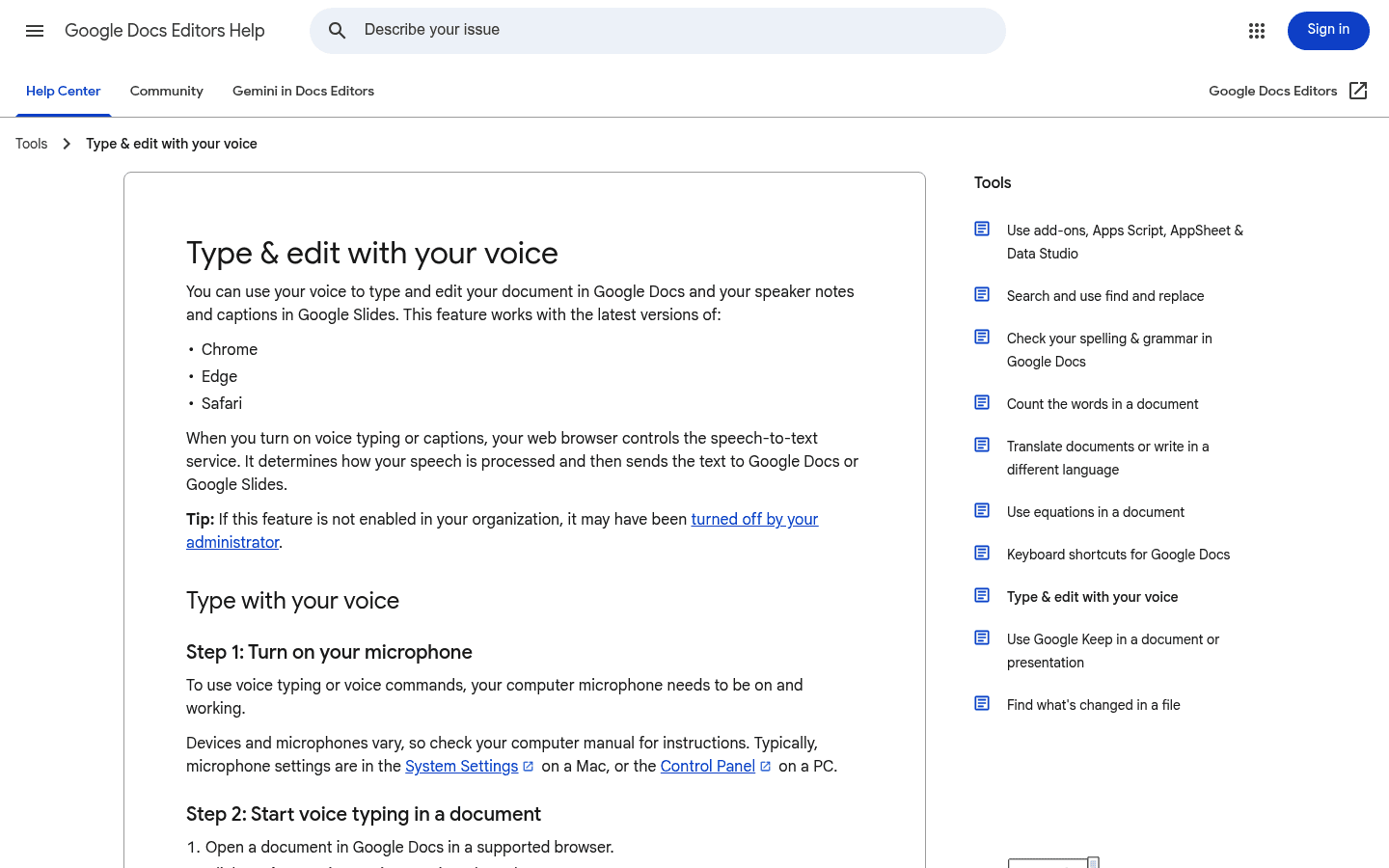 Google Docs Voice Typing support page