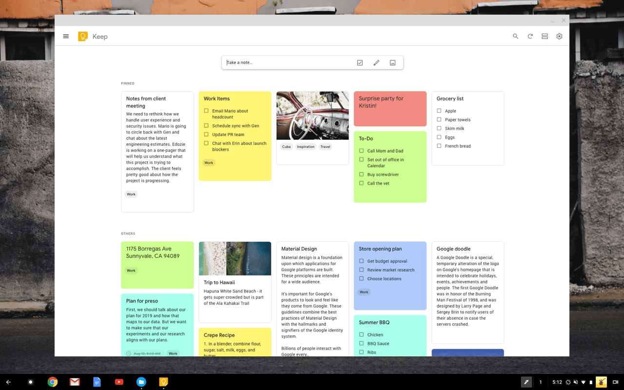 Screenshot of Google Keep not taking out. 