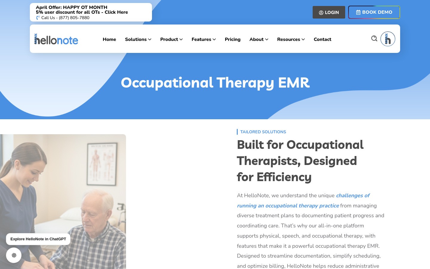 HelloNote occupational therapy EMR screenshot