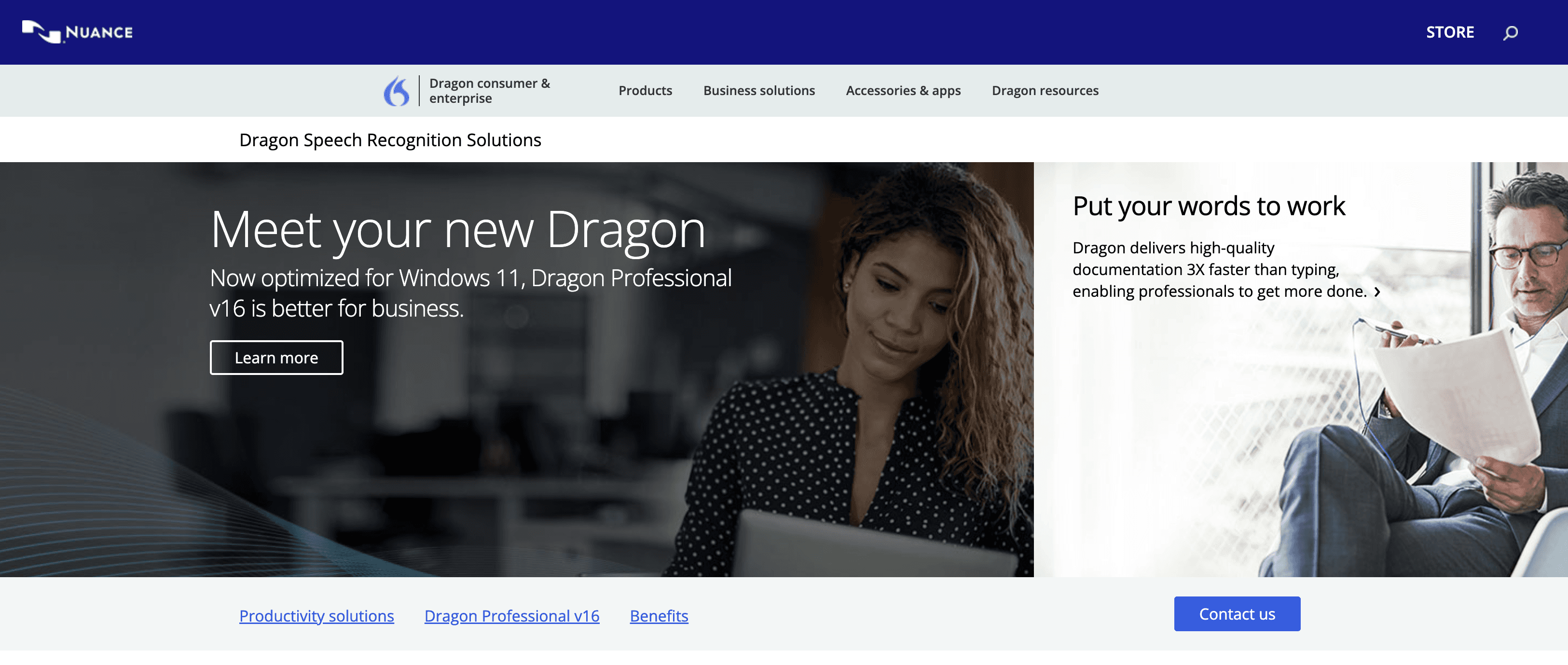 Homepage of Nuance Communications, Dragon Professional Note-Taking and Speech-to-Text Software. 