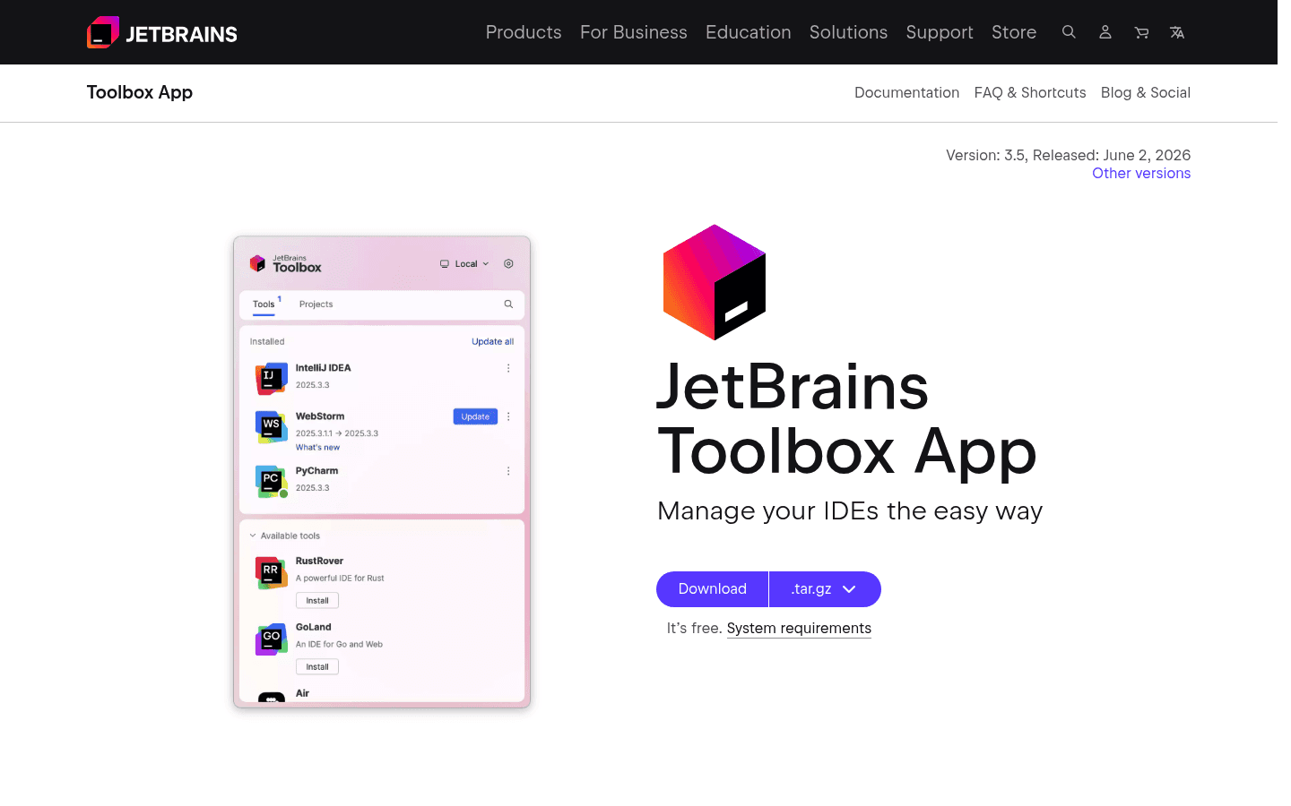 JetBrains Toolbox App homepage screenshot for Linux IDE management