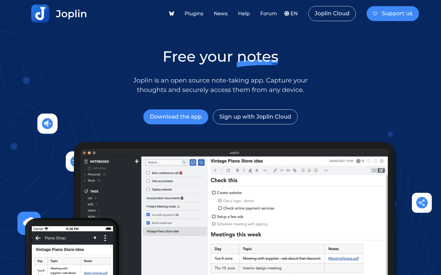 Joplin notes app homepage screenshot