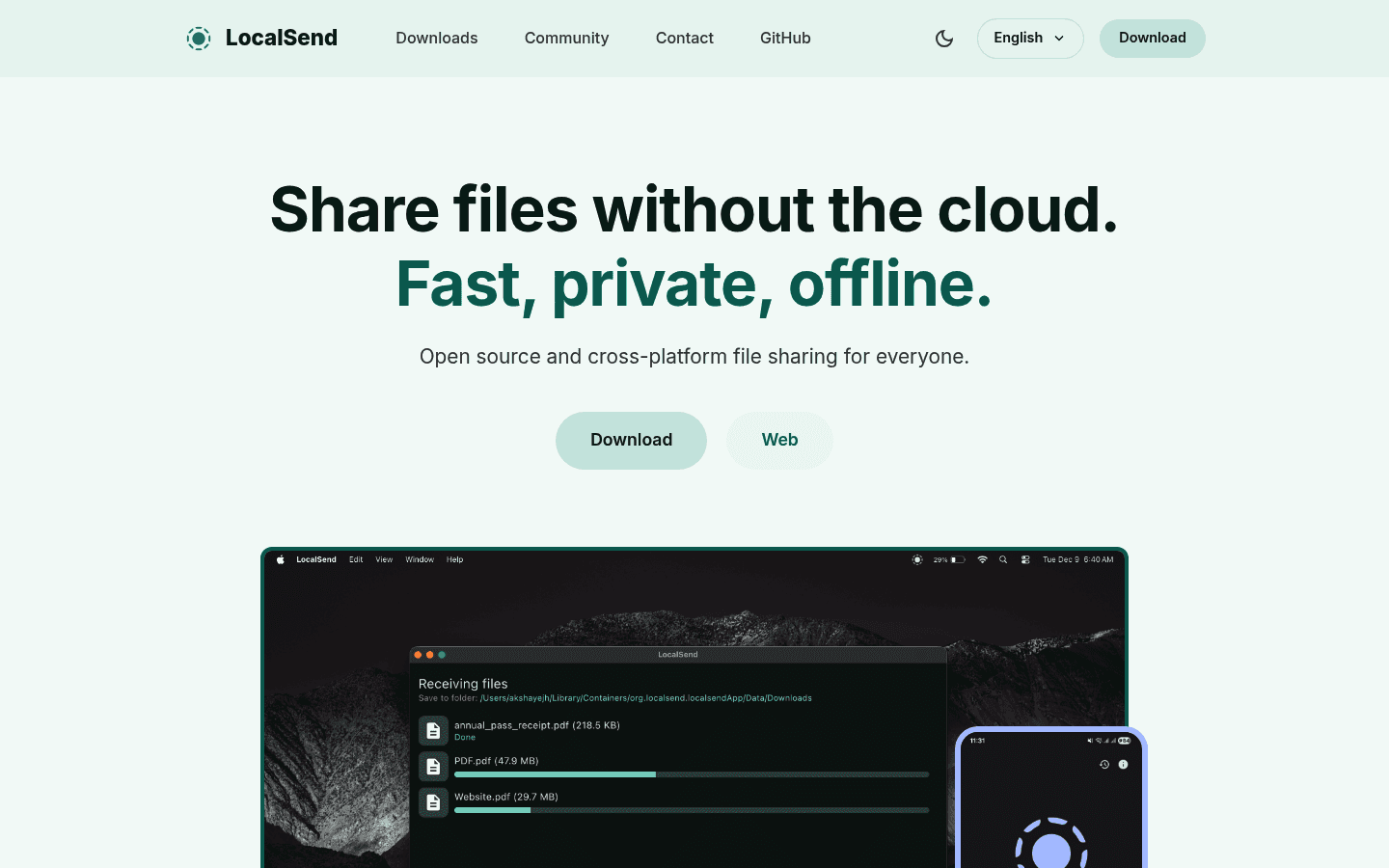 LocalSend file sharing app homepage screenshot