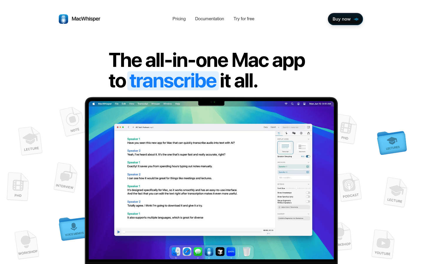 MacWhisper transcription app homepage screenshot