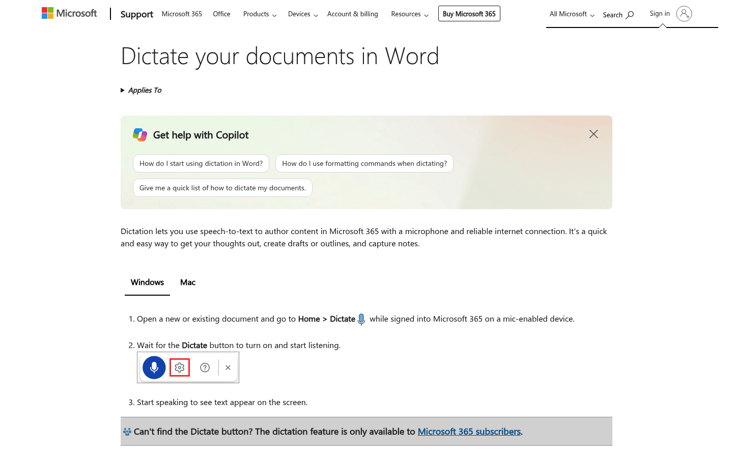 Microsoft Word Dictate screenshot