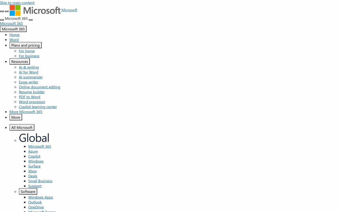 Screenshot of Microsoft Word homepage