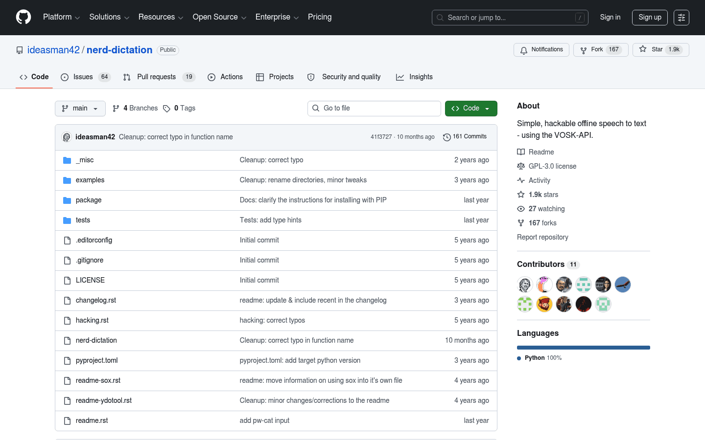 nerd-dictation GitHub page for Linux dictation