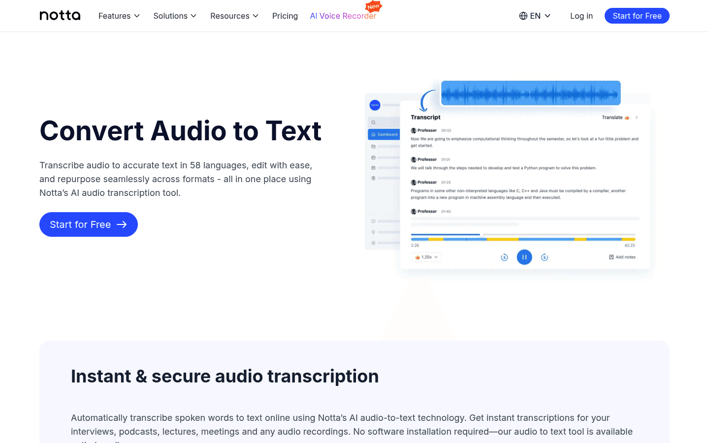 Notta audio-to-text transcription software screenshot