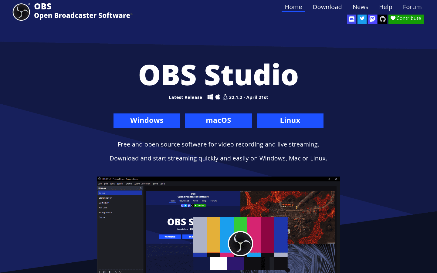 OBS Studio homepage screenshot for screen recording on Linux