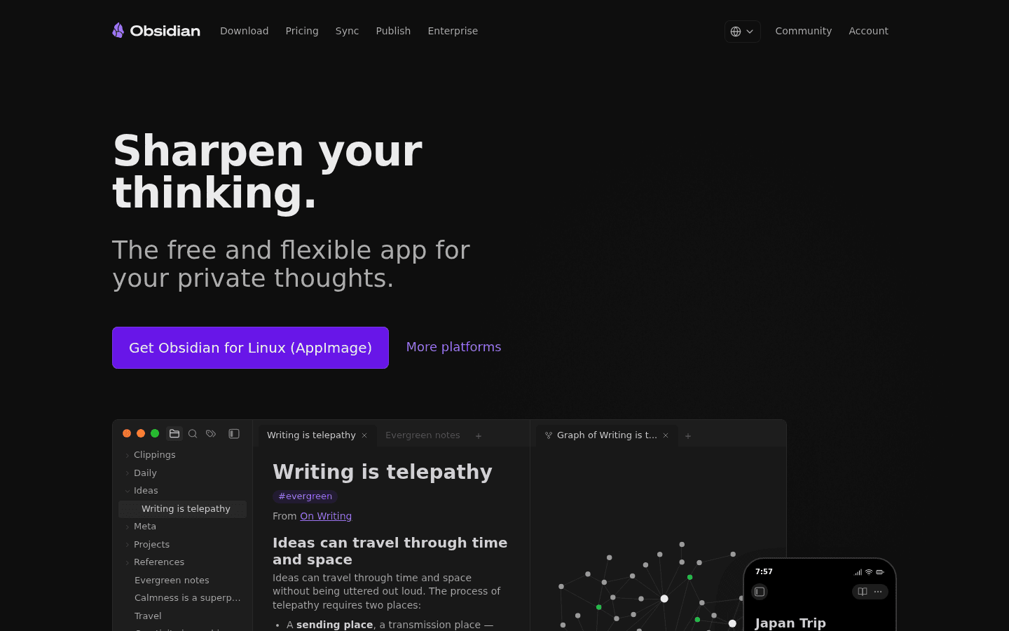 Obsidian notes app homepage screenshot
