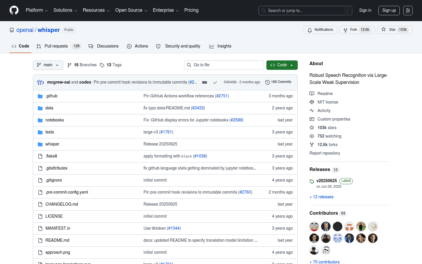 OpenAI Whisper GitHub repository screenshot