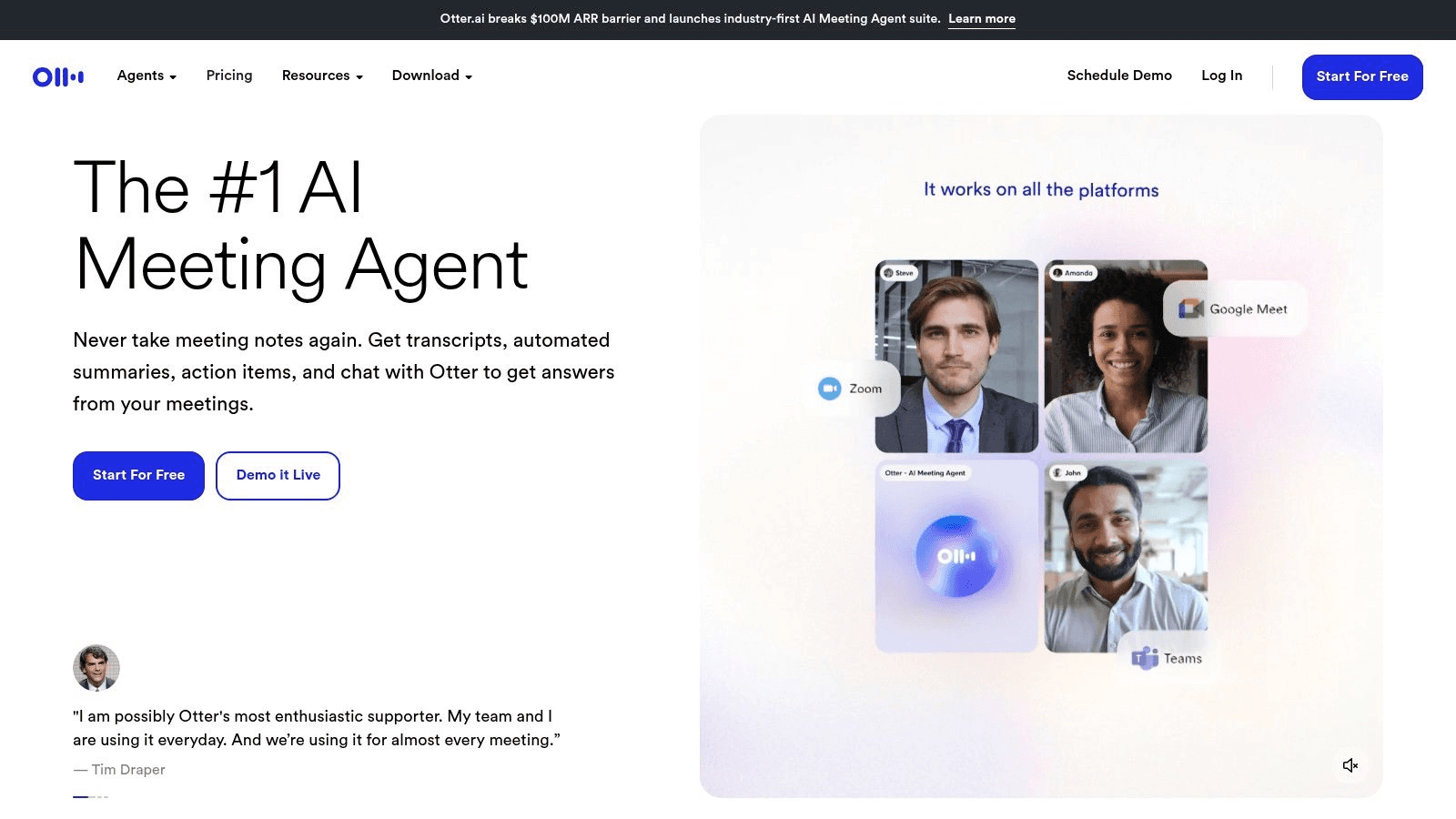 Otter AI Meeting Agent homepage screenshot 