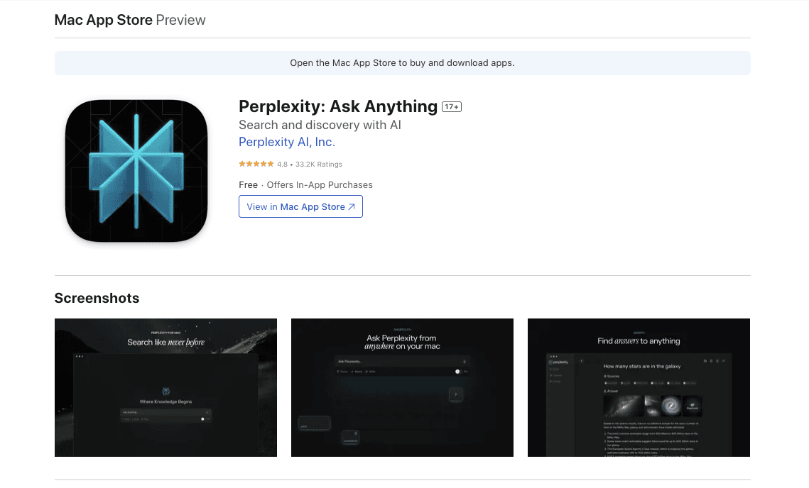 Perplexity, Mac App Homepage 