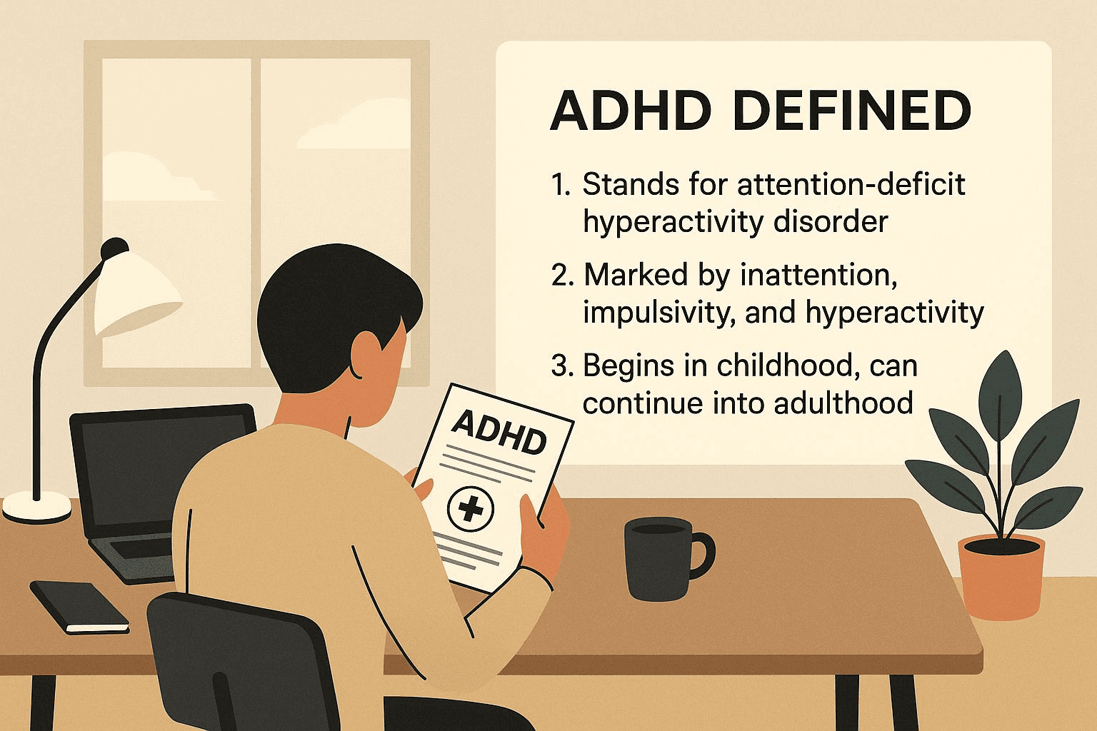 Picture of a cartoon man sitting at a desk with a paper in his hand that reads ADHD. In the background, we have a table that defines ADHD. Point number one on the table, ADHD stands for Attention Deficit Hyperactivity Disorder. Point number two, it's marked by inattention, impulsivity, and hyperactivity. Number three, it begins in childhood and can continue into adulthood.
