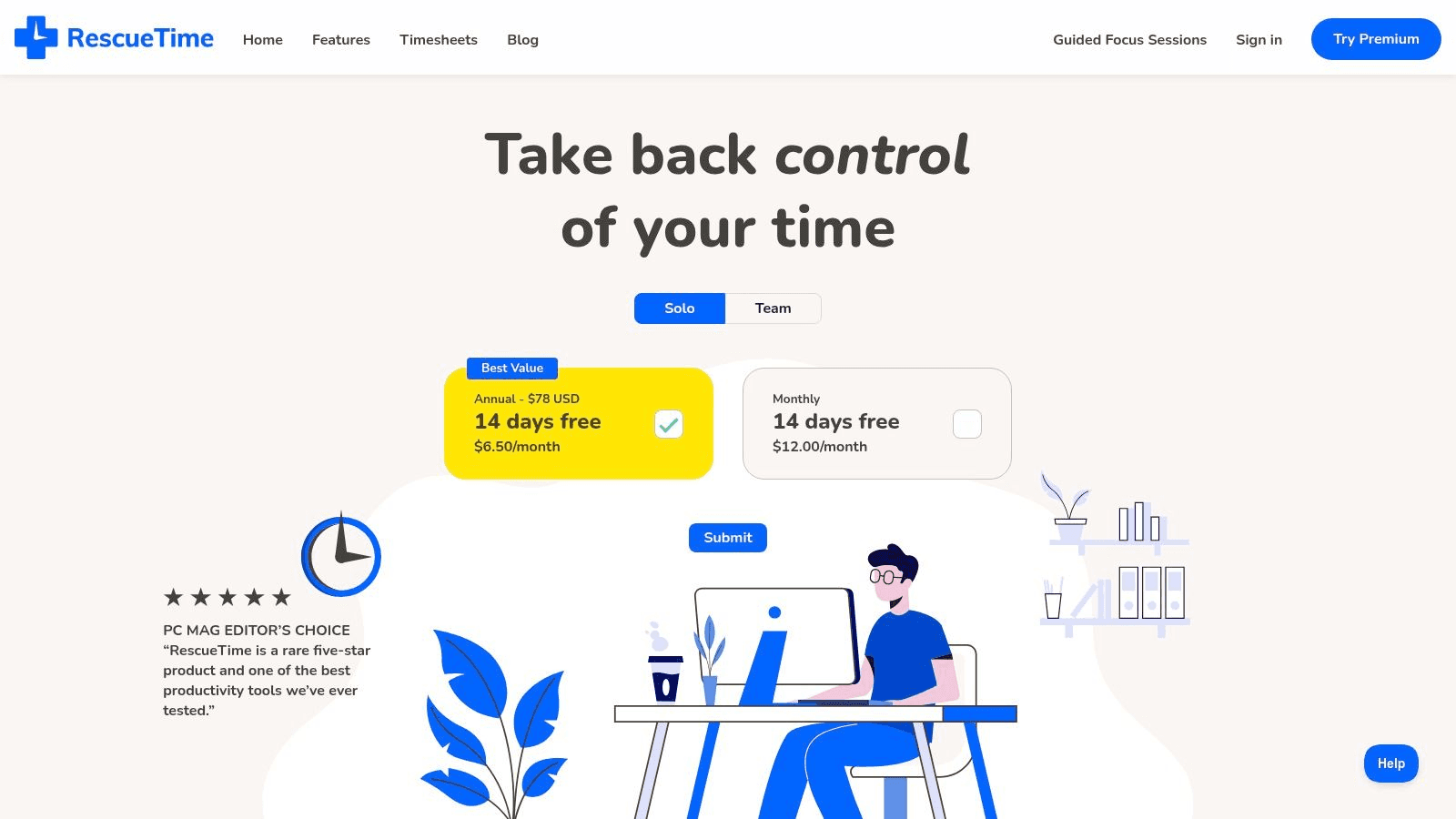 RescueTime Time management app homepage screenshot