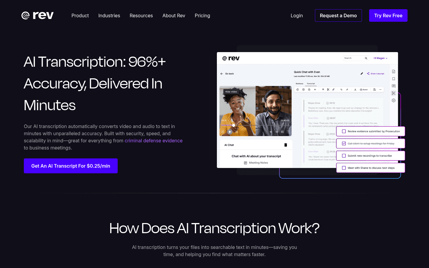 Rev AI transcription software homepage screenshot