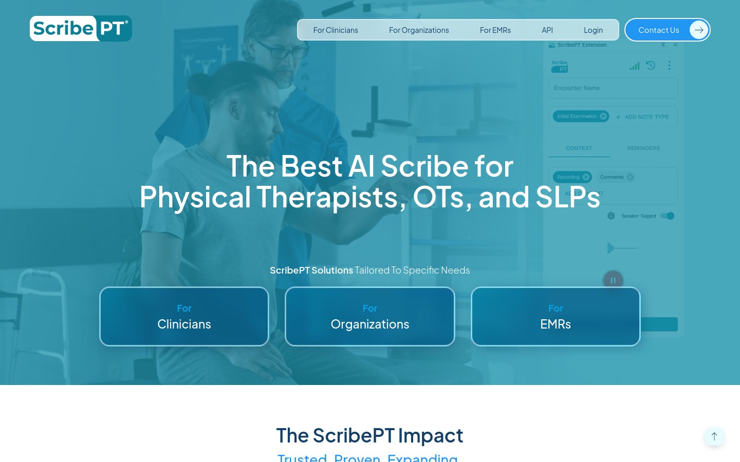 ScribePT homepage for AI scribing for physical therapists
