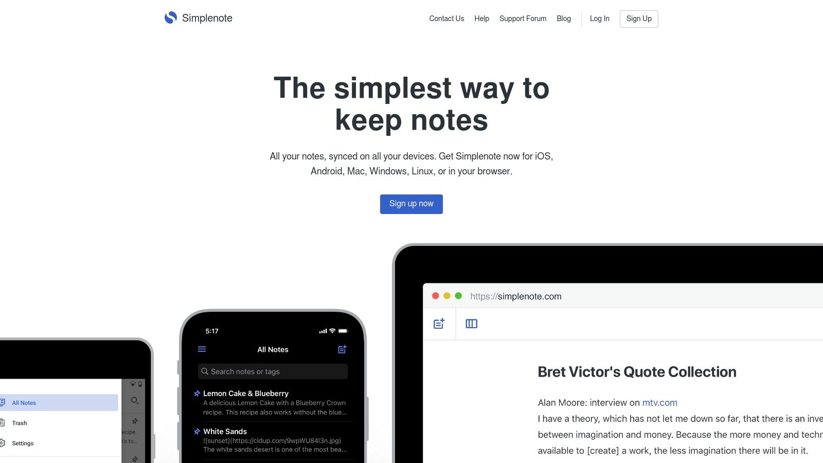 Screenshot of SimpleNote note-taking app homepage. 