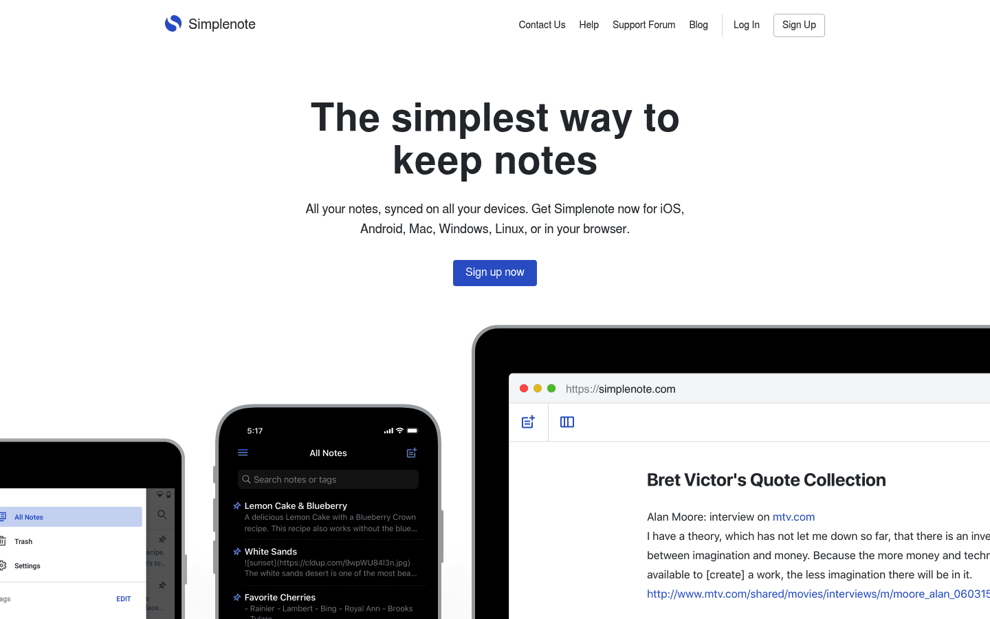 Simplenote notes app homepage screenshot