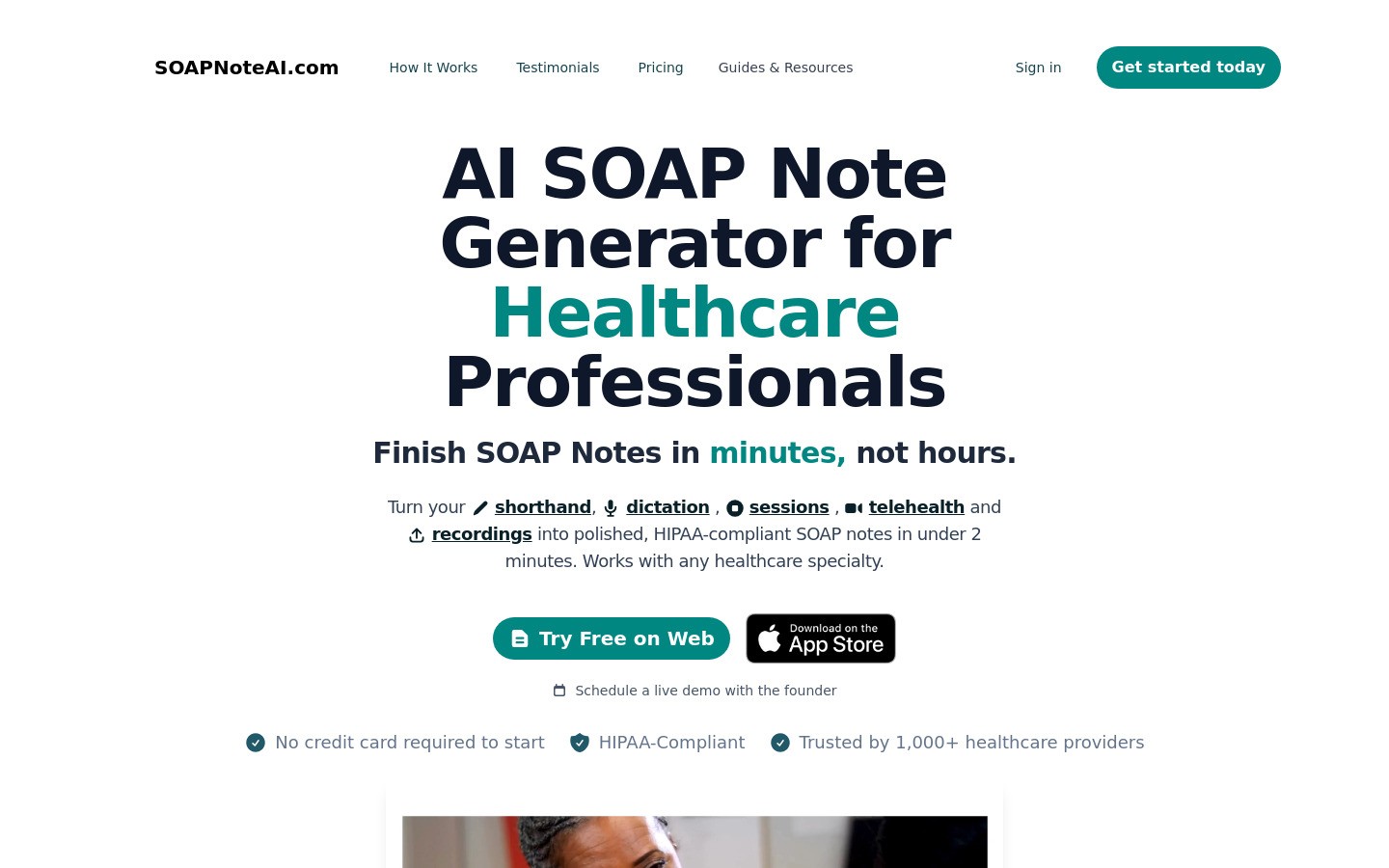 Screenshot of SOAPNoteAI homepage