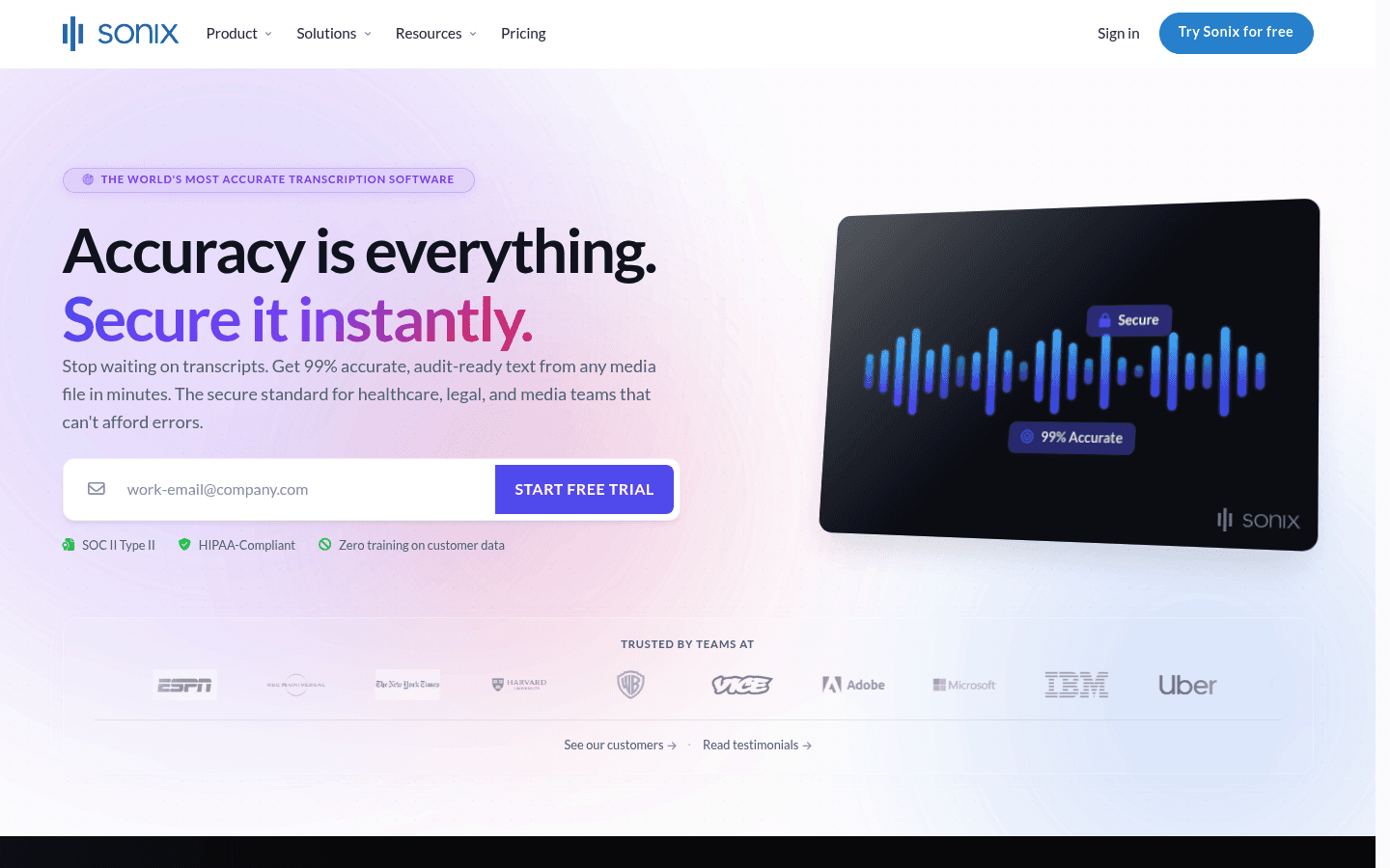 Sonix transcription software homepage screenshot
