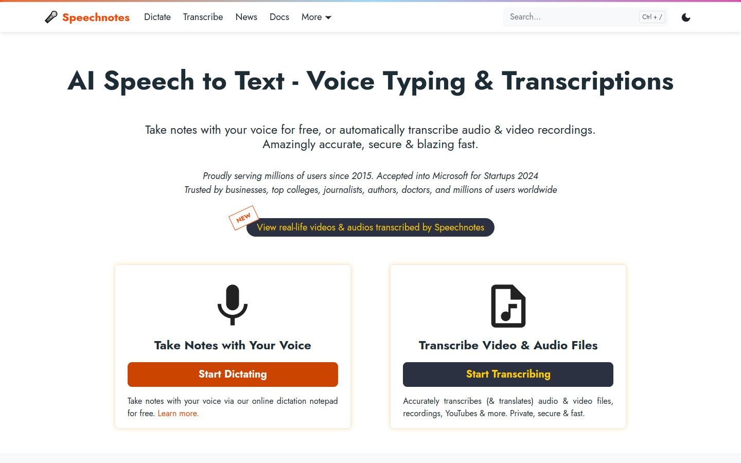 Speechnotes app interface showing dictation features and text editor