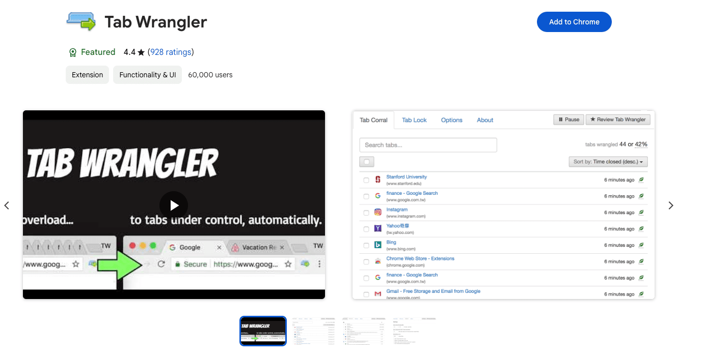 Tab Wrangler Chrome extension page
