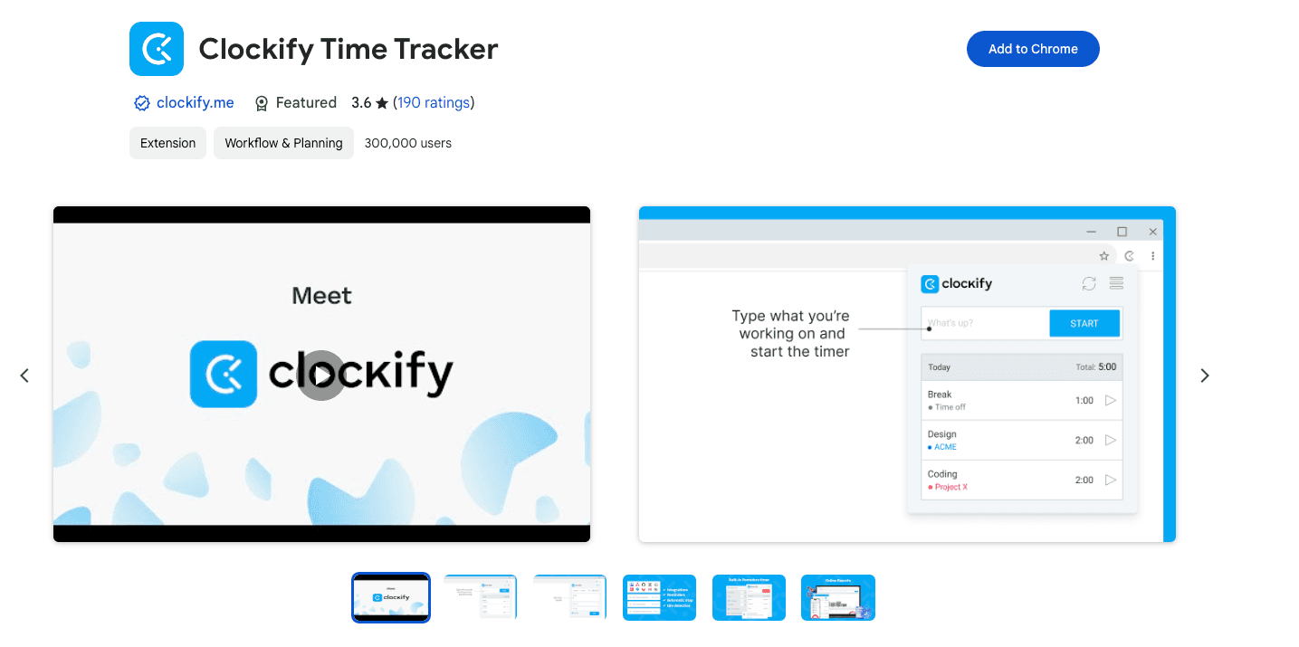 Screenshot of the Clockify Time Tracker Chrome Extension